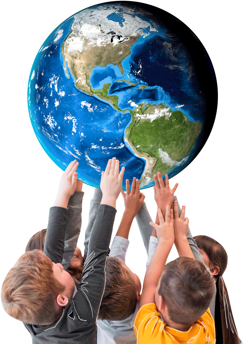Children reaching up to hold a globe